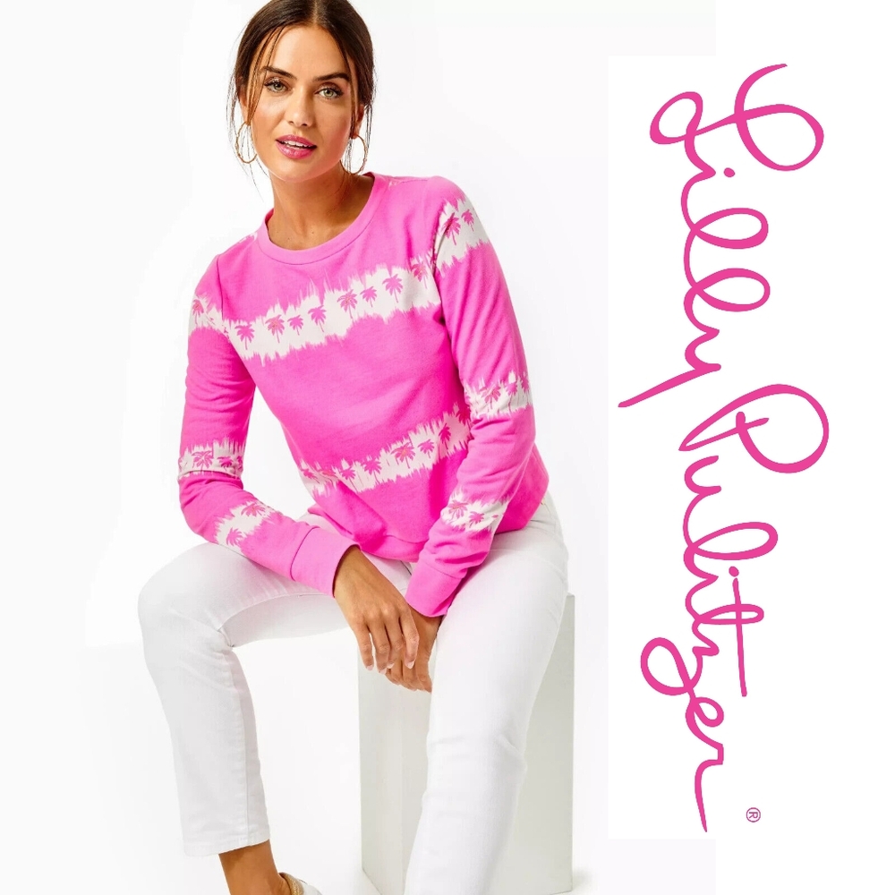 Lilly Pulitzer - Gayl Sweatshirt Plumeria Pink Paradise Palm Tie-Dye Stripe SM - Picture 2 of 4